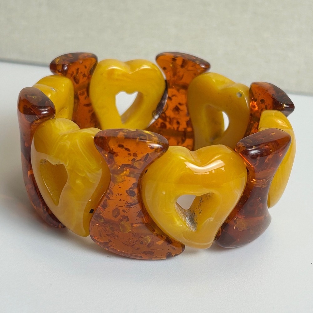 Amber Resin Heart X Tic Tac Toe Chunky Stretch Bracelet Vintage Honey Cognac